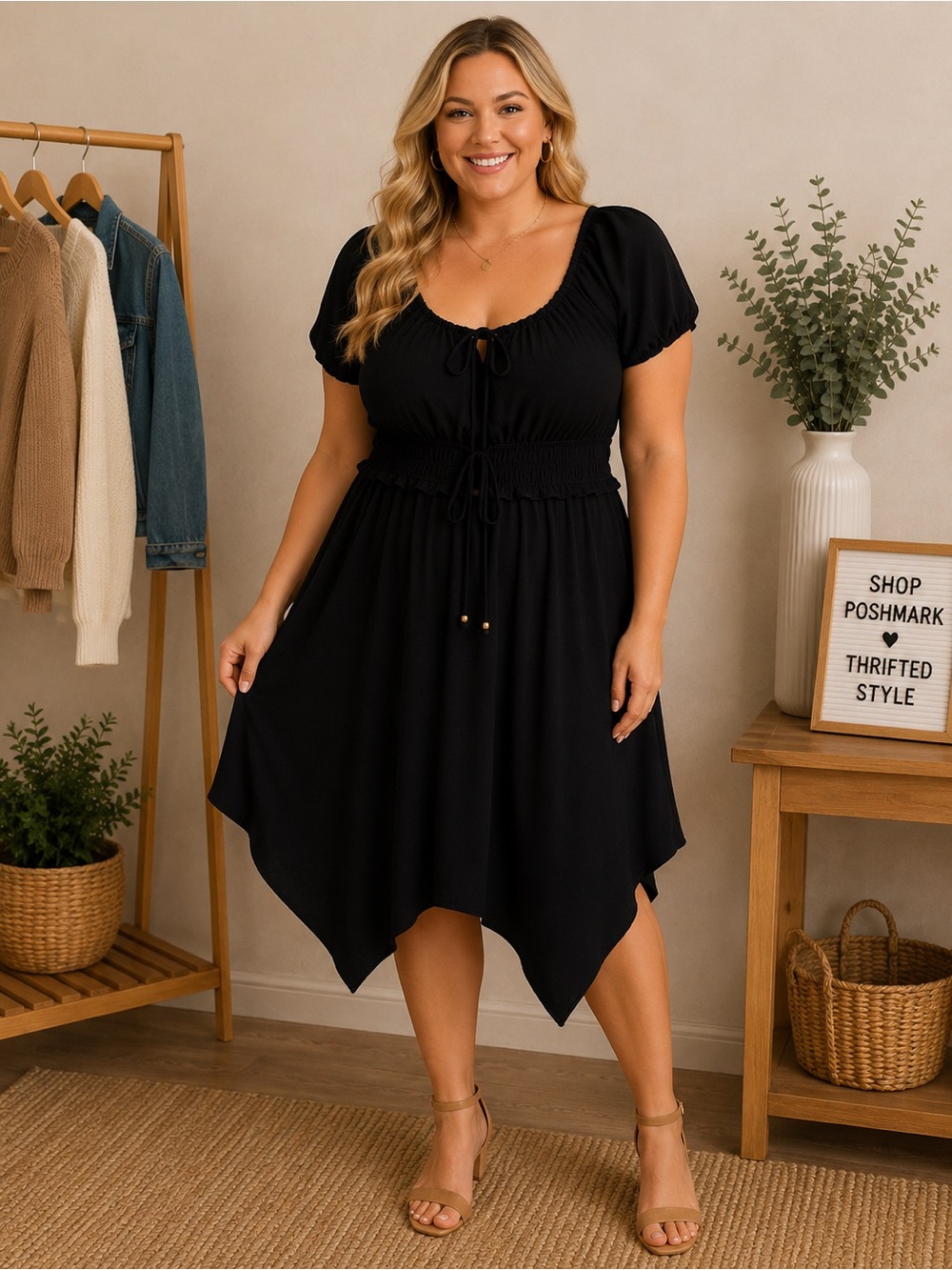 Derek Heart Plus Size Black Handkerchief Hem Dress